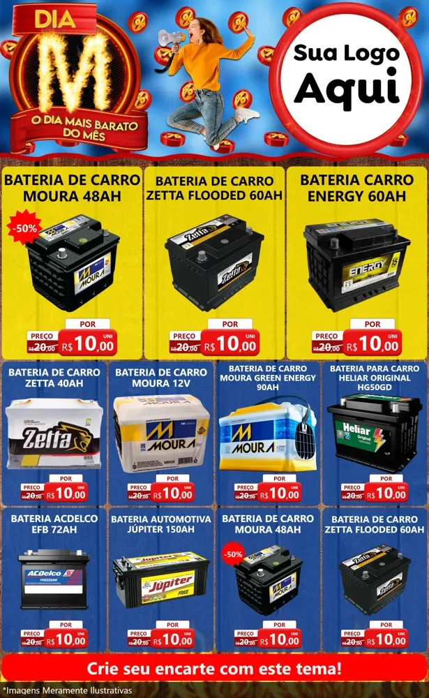 Modelo de Encarte para Encarte Grande com o tema Dia M - O Dia Mais Barato Do Mês para Baterias Elétricas