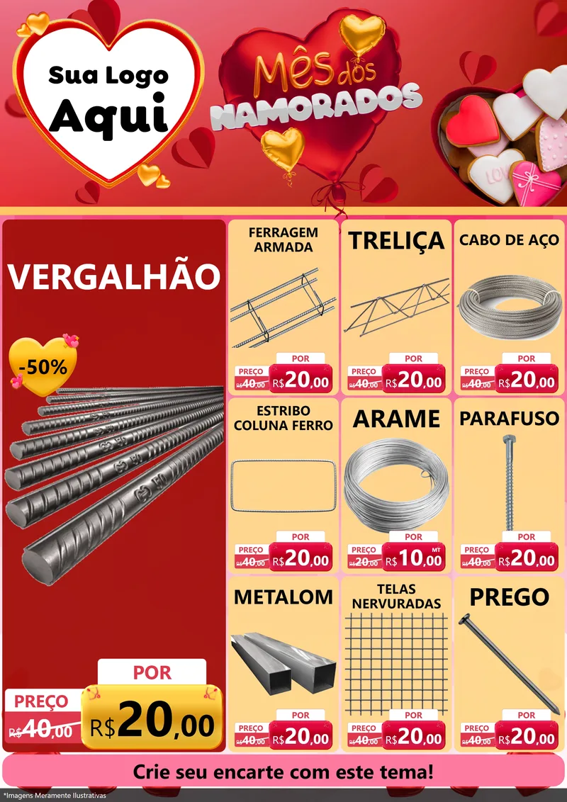Modelo de Encarte para Encarte A4 Vertical com o tema Mês dos Namorados para Ferragens