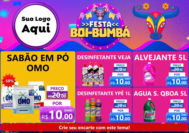 Modelo de Encarte para Encarte A4 Horizontal com o tema Festa Boi-Bumbá para Produtos de Limpeza