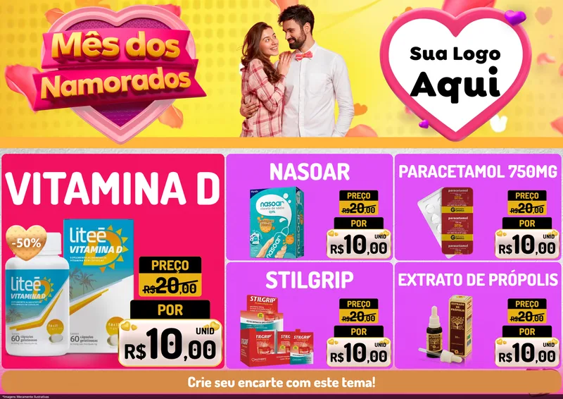 Modelo de Encarte para Encarte A4 Horizontal com o tema Mês dos Namorados para Farmácia