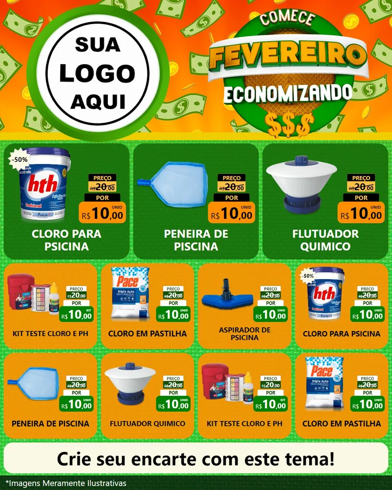 Modelo de Rede Social para Feed Instagram com o tema Comece Fevereiro Economizando para Produtos para Piscina
