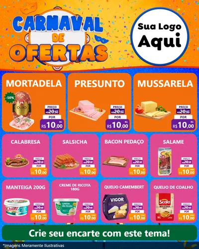 Modelo de Rede Social para Feed Instagram com o tema Carnaval de Ofertas para Frios e Laticínios