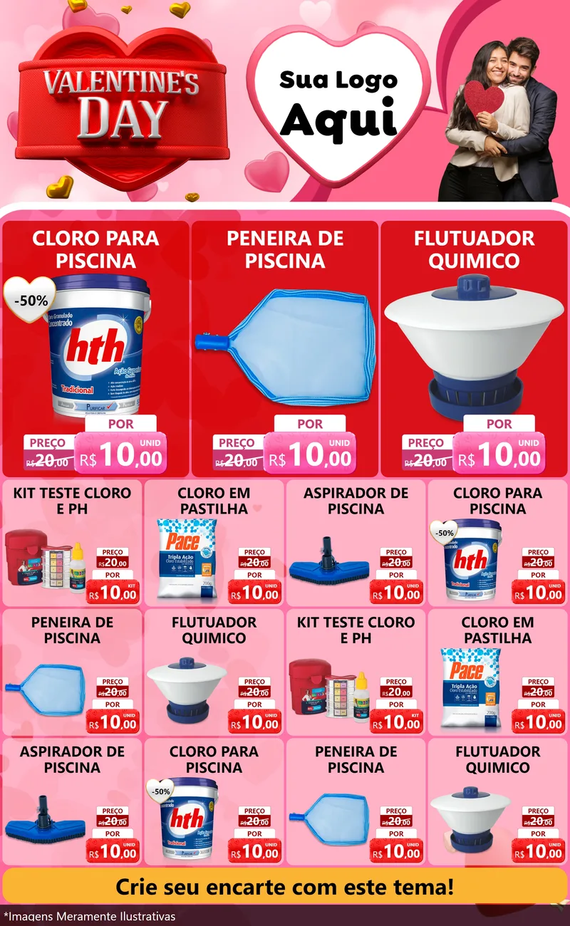 Modelo de Encarte para Encarte Grande com o tema Valentine's Day para Produtos para Piscina