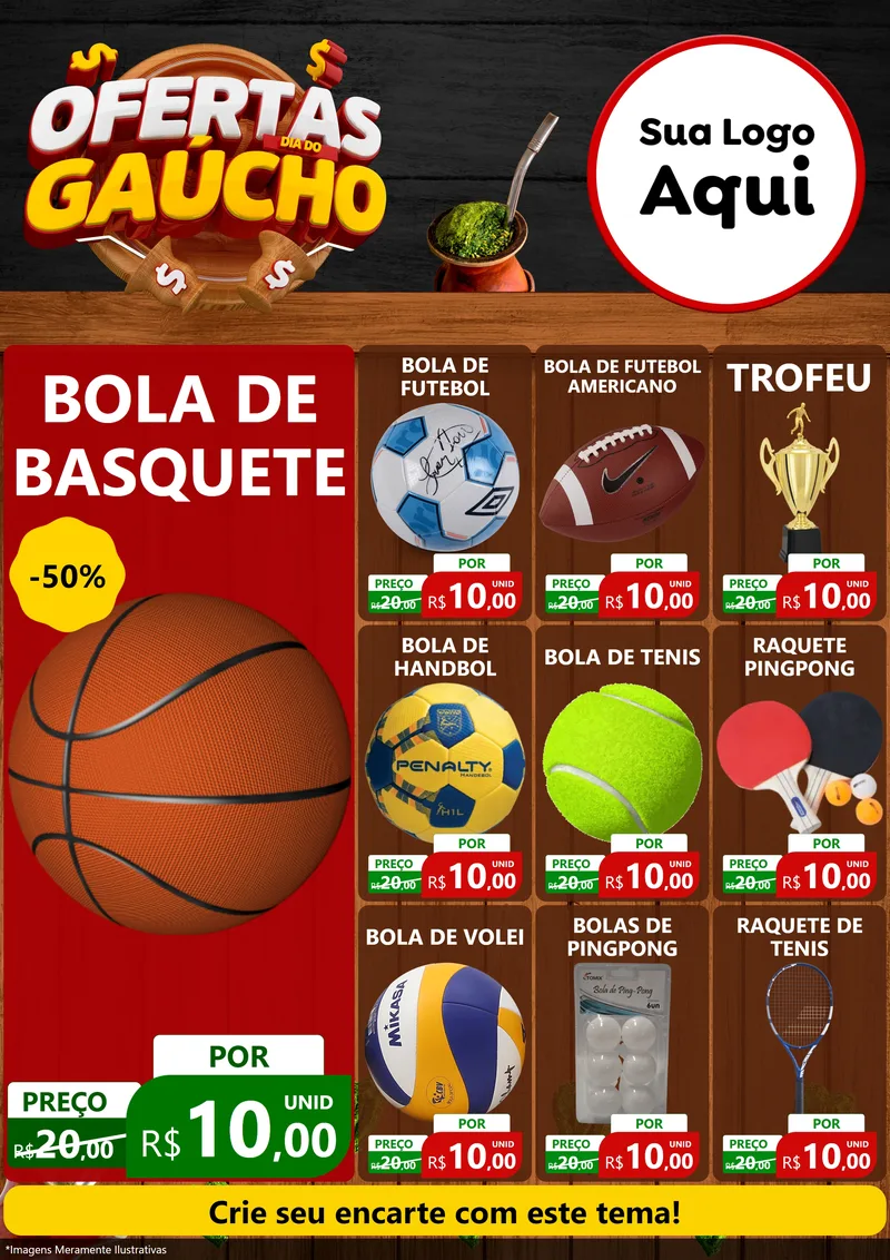 Modelo de Encarte para Encarte A4 Vertical com o tema Ofertas Dia do Gaúcho para Artigos Esportivos