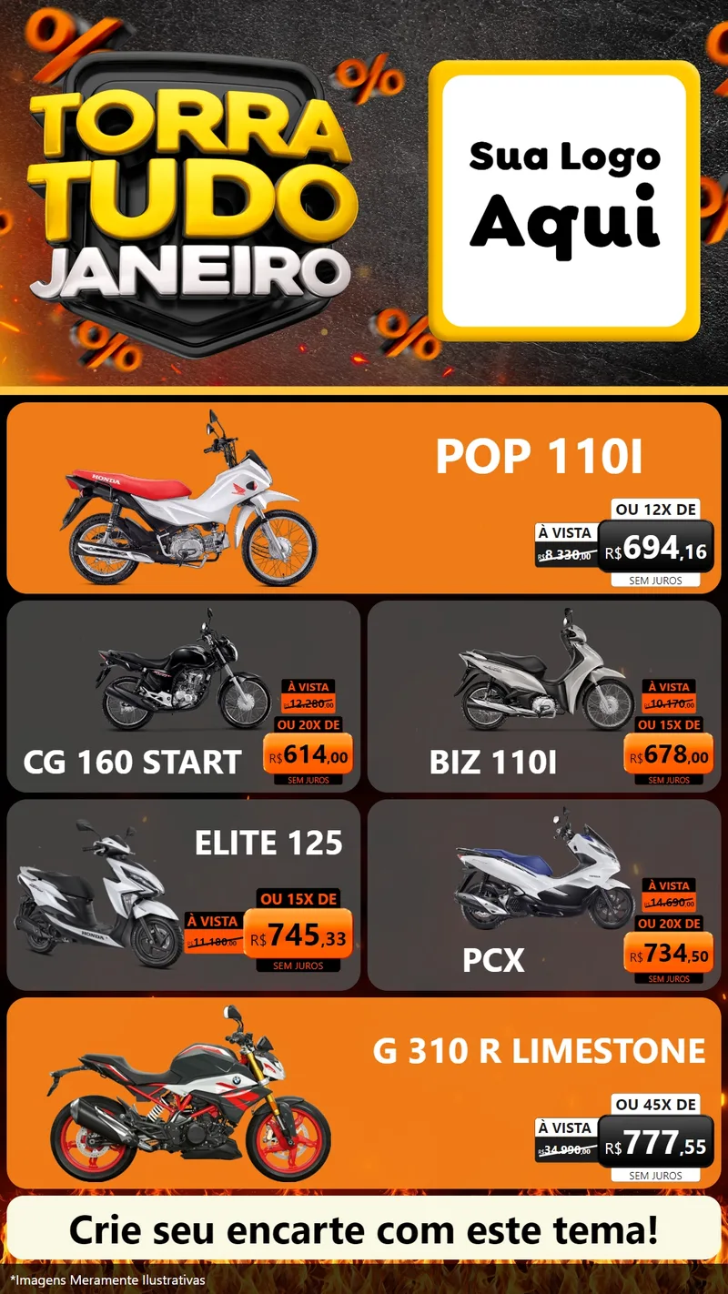 Modelo de TV para TV Vertical com o tema Torra Tudo Janeiro para Concessionaria de Motos