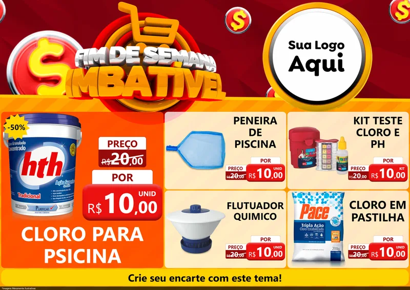 Modelo de Encarte para Encarte A4 Horizontal com o tema Fim de Semana Imbatível para Produtos para Piscina