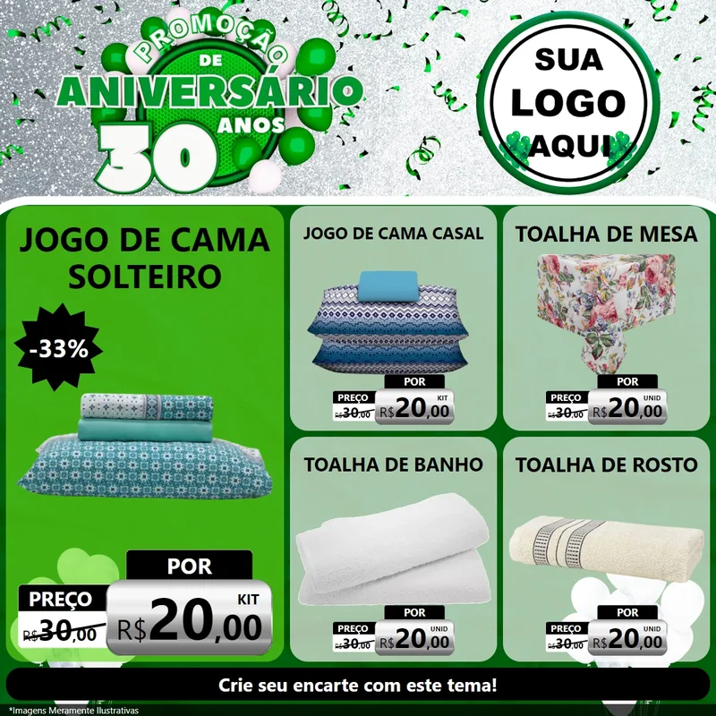 Modelo de Rede Social para Feed Facebook com o tema Promoção de Aniversário - 30 Anos para Cama, Mesa e Banho