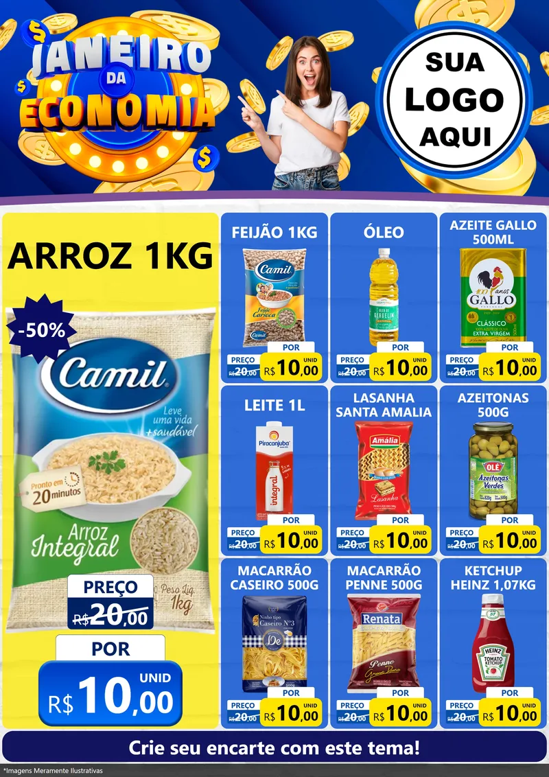 Modelo de Encarte para Encarte A4 Vertical com o tema Janeiro da Economia para Supermercado