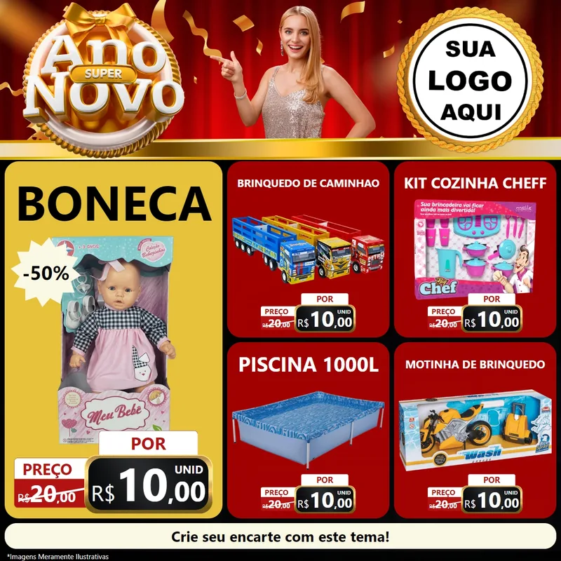 Modelo de Rede Social para Feed Facebook com o tema Super Ano Novo para Brinquedos
