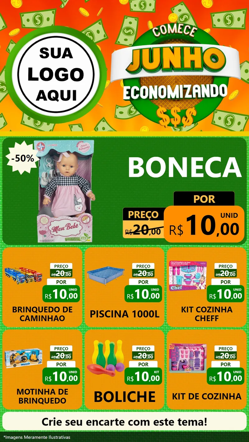 Modelo de Rede Social para Stories com o tema Comece Junho Economizando para Brinquedos