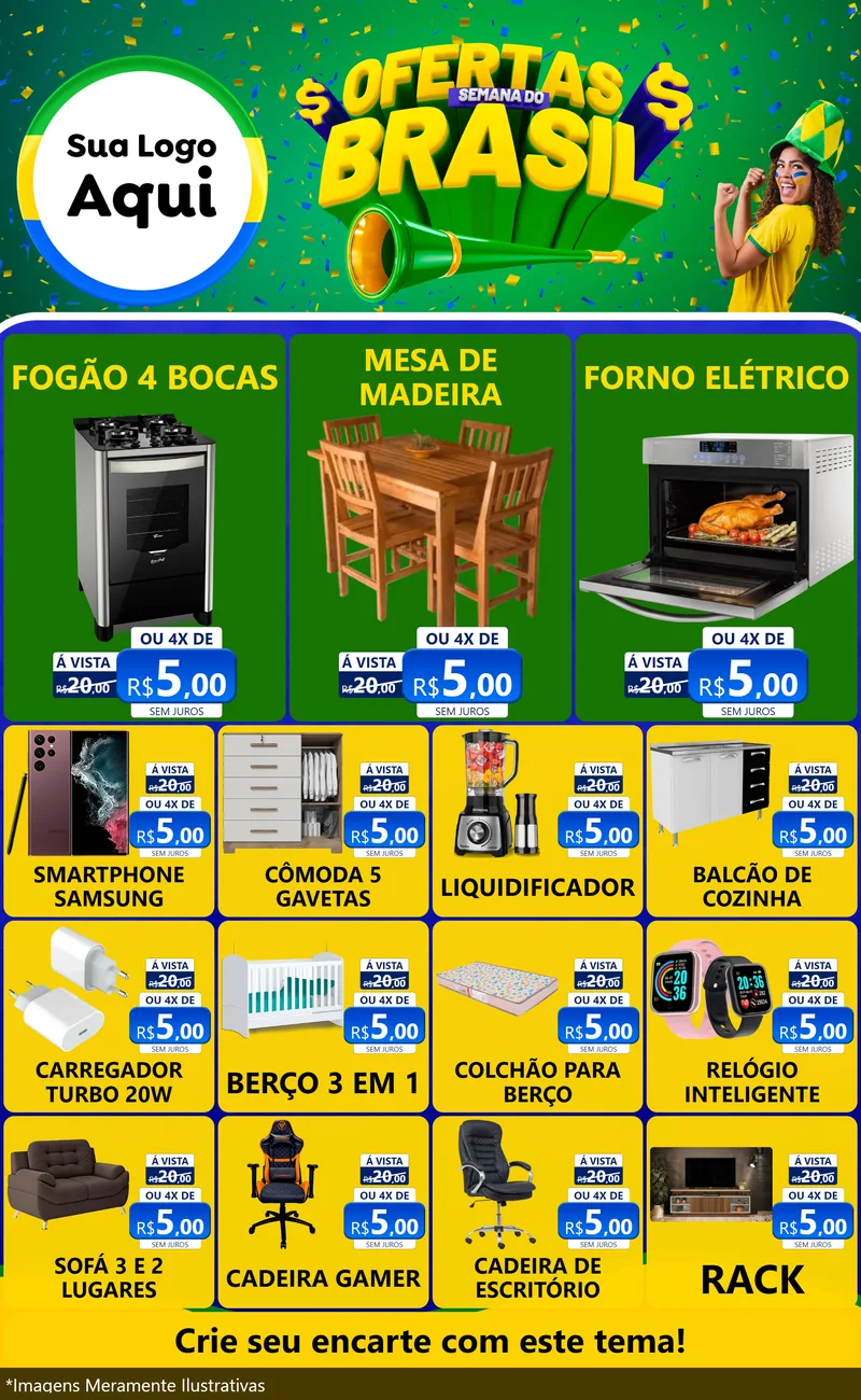 Modelo de Encarte para Encarte Grande com o tema Ofertas Semana do Brasil para Móveis e Eletro