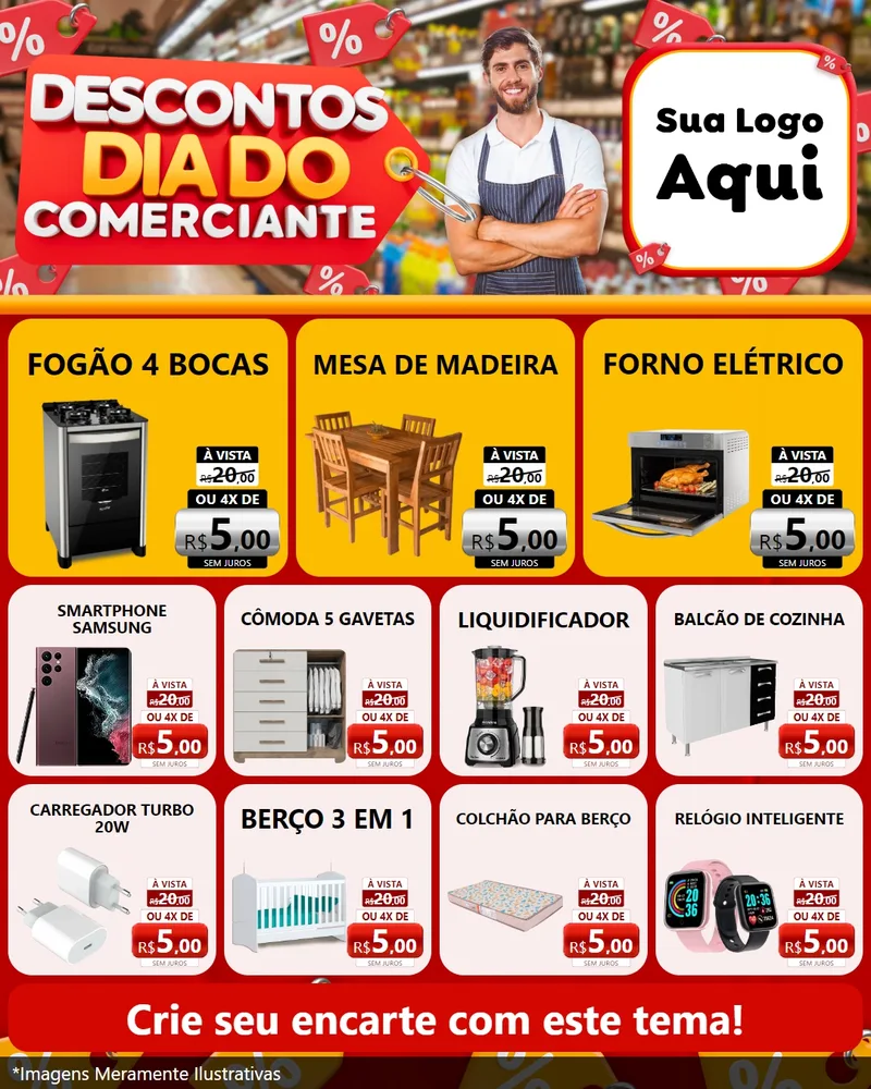 Modelo de Rede Social para Feed Instagram com o tema Descontos Dia do Comerciante para Móveis e Eletro