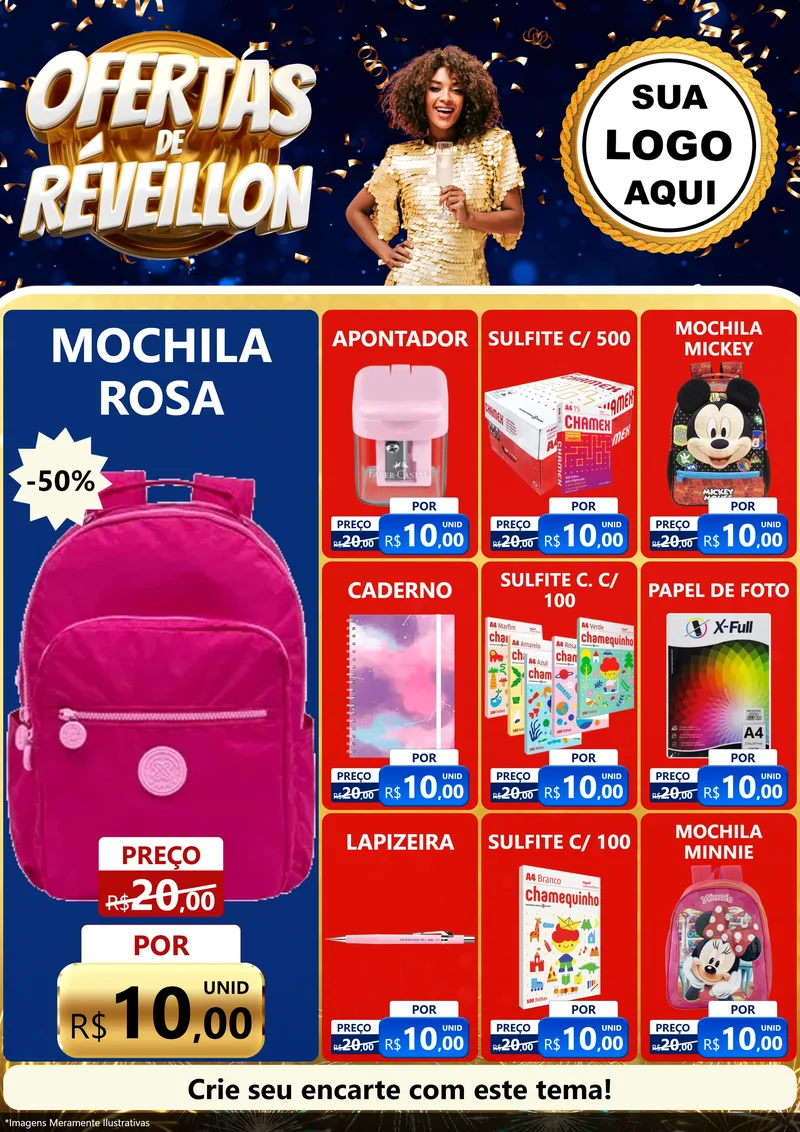 Modelo de Encarte para Encarte A4 Vertical com o tema Ofertas de Réveillon para Papelaria