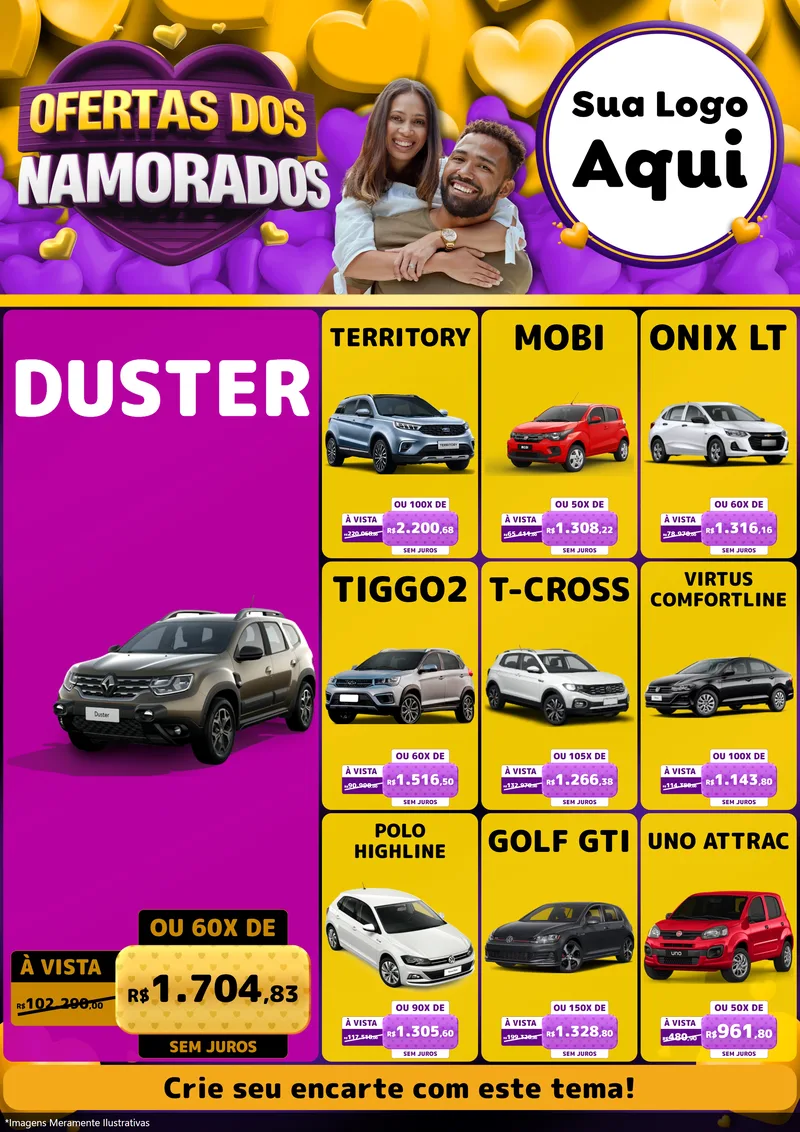 Modelo de Encarte para Encarte A4 Vertical com o tema Oferta Dos Namorados para Concessionaria de Carros