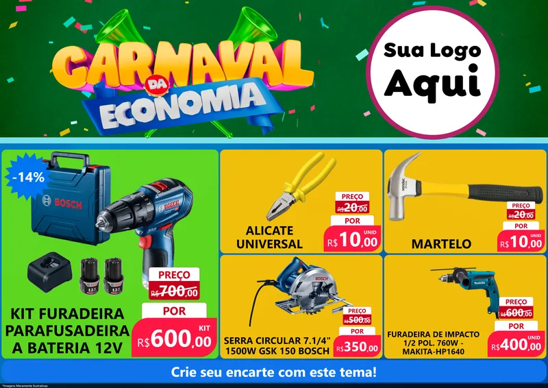 Modelo de Encarte para Encarte A4 Horizontal com o tema Carnaval da Economia para Maquinas e Ferramentas