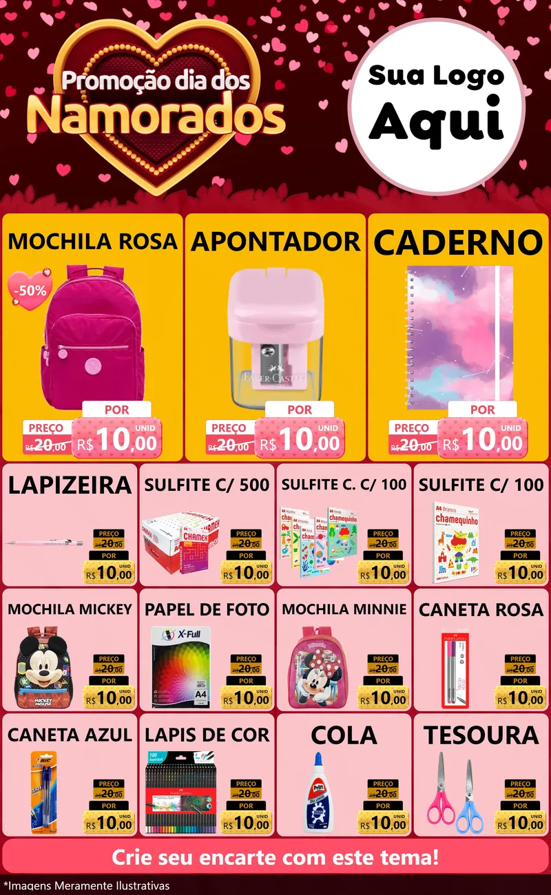 Modelo de Encarte para Encarte Grande com o tema Promoção Dia Dos Namorados para Papelaria