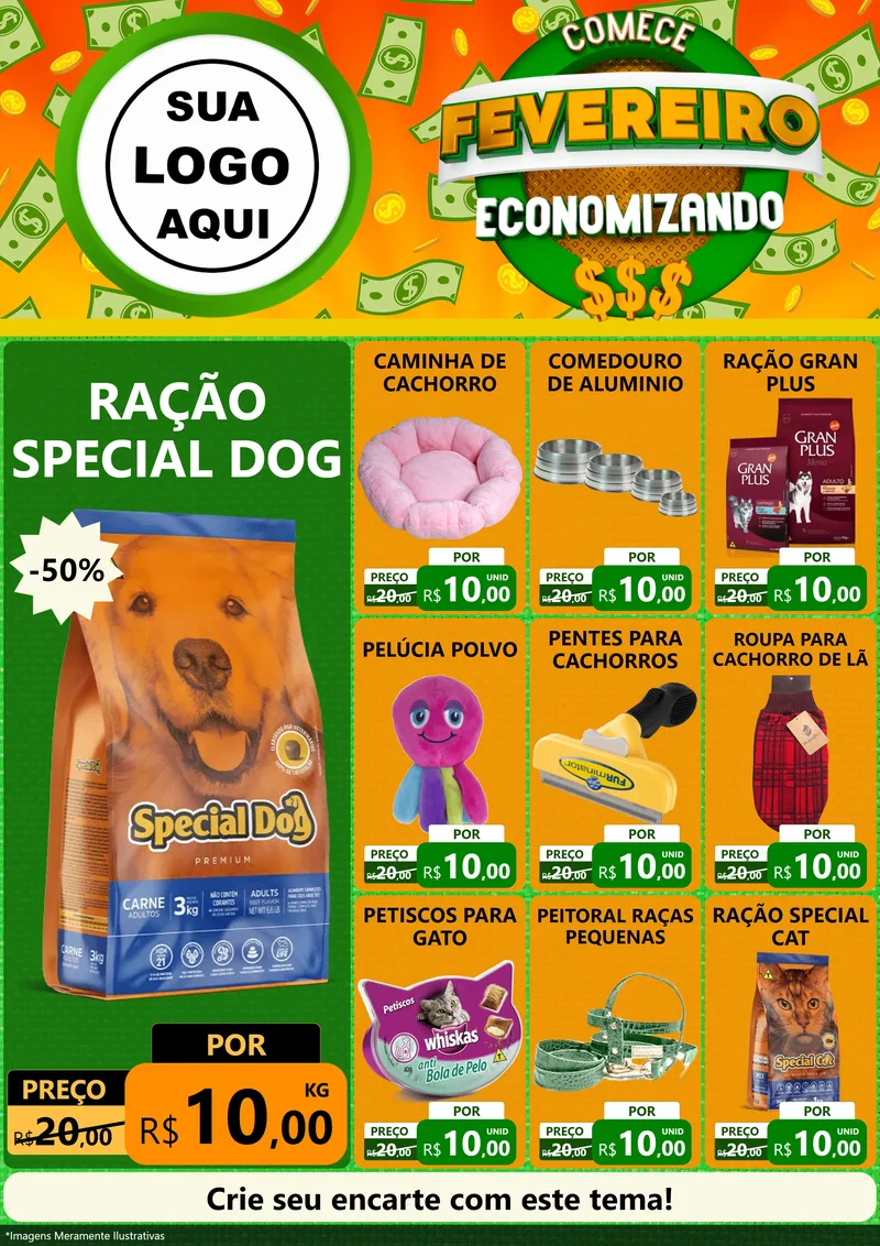 Modelo de Encarte para Encarte A4 Vertical com o tema Comece Fevereiro Economizando para Pet Shop