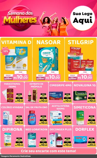 Modelo de Encarte para Encarte Grande com o tema Semana das Mulheres para Farmácia