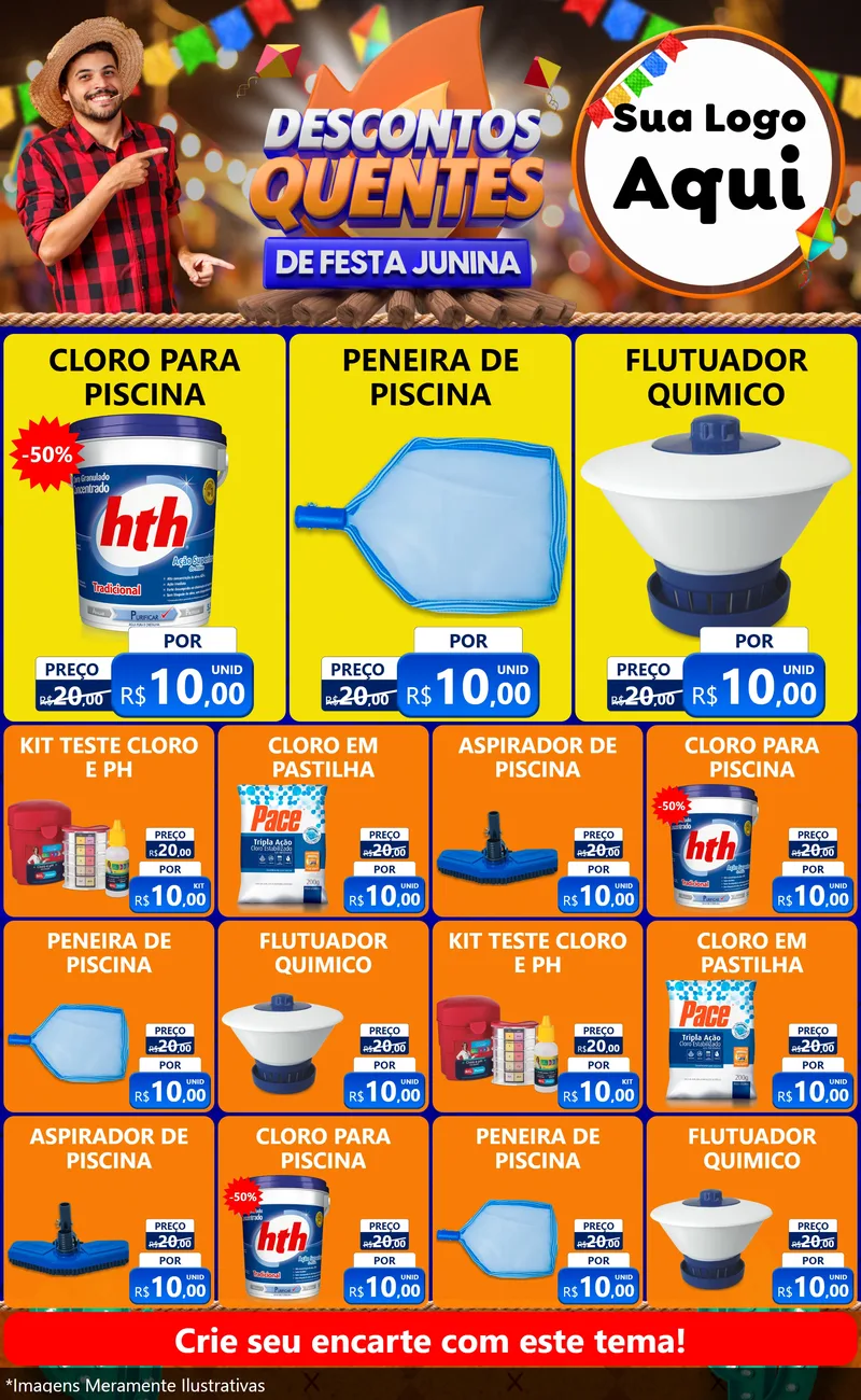 Modelo de Encarte para Encarte Grande com o tema Descontos Quentes de Festa Junina para Produtos para Piscina