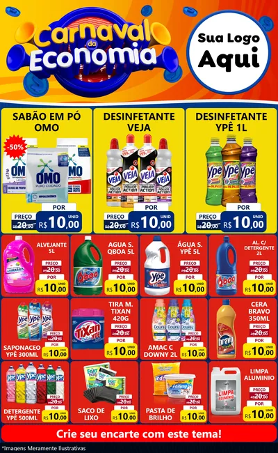 Modelo de Encarte para Encarte Grande com o tema Carnaval da Economia para Produtos de Limpeza