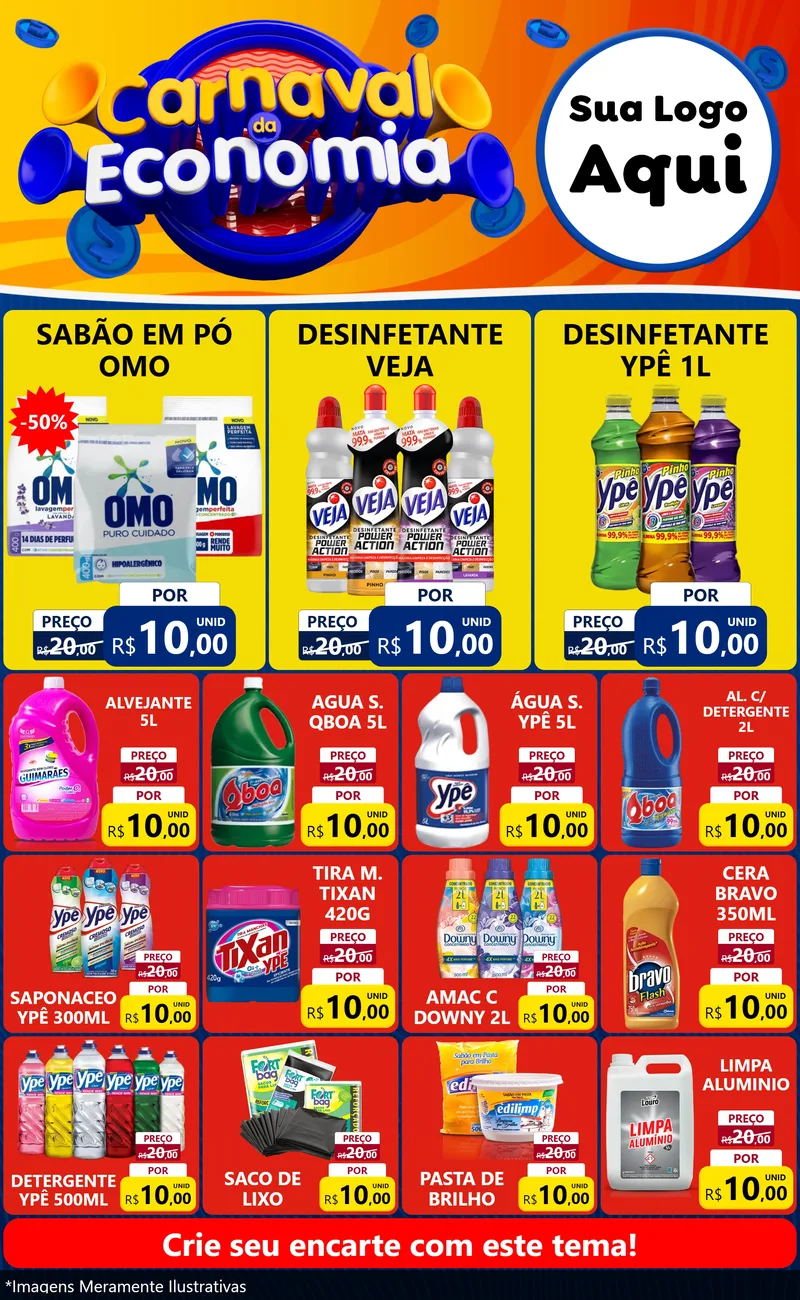 Modelo de Encarte para Encarte Grande com o tema Carnaval da Economia para Produtos de Limpeza