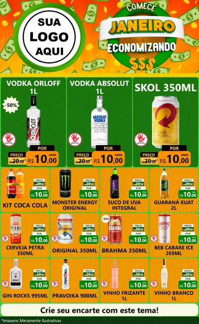 Modelo de Encarte para Encarte Grande com o tema Comece Janeiro Economizando para Distribuidora de bebidas