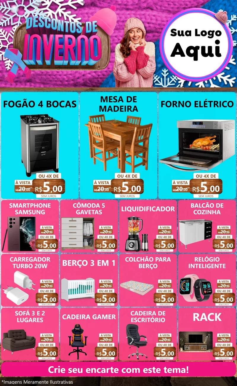 Modelo de Encarte para Encarte Grande com o tema Descontos de Inverno para Móveis e Eletro