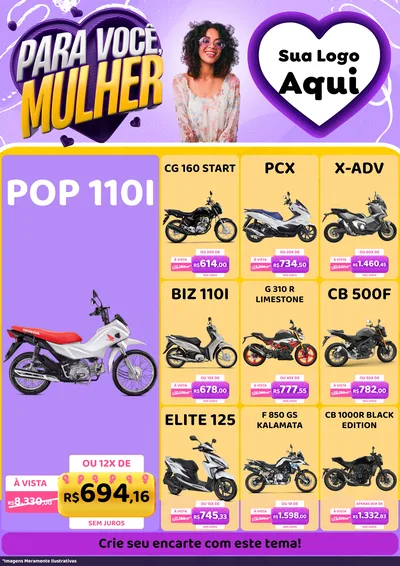 Modelo de Encarte para Encarte A4 Vertical com o tema Para Você, Mulher para Concessionaria de Motos