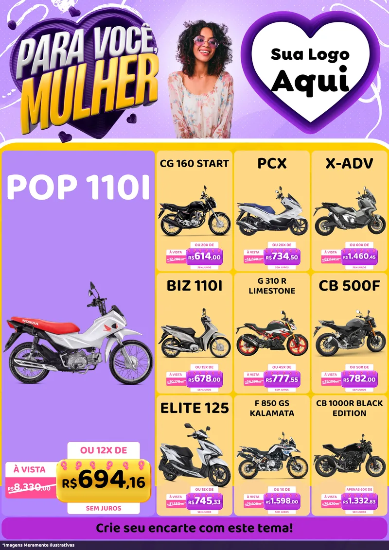 Modelo de Encarte para Encarte A4 Vertical com o tema Para Você, Mulher para Concessionaria de Motos