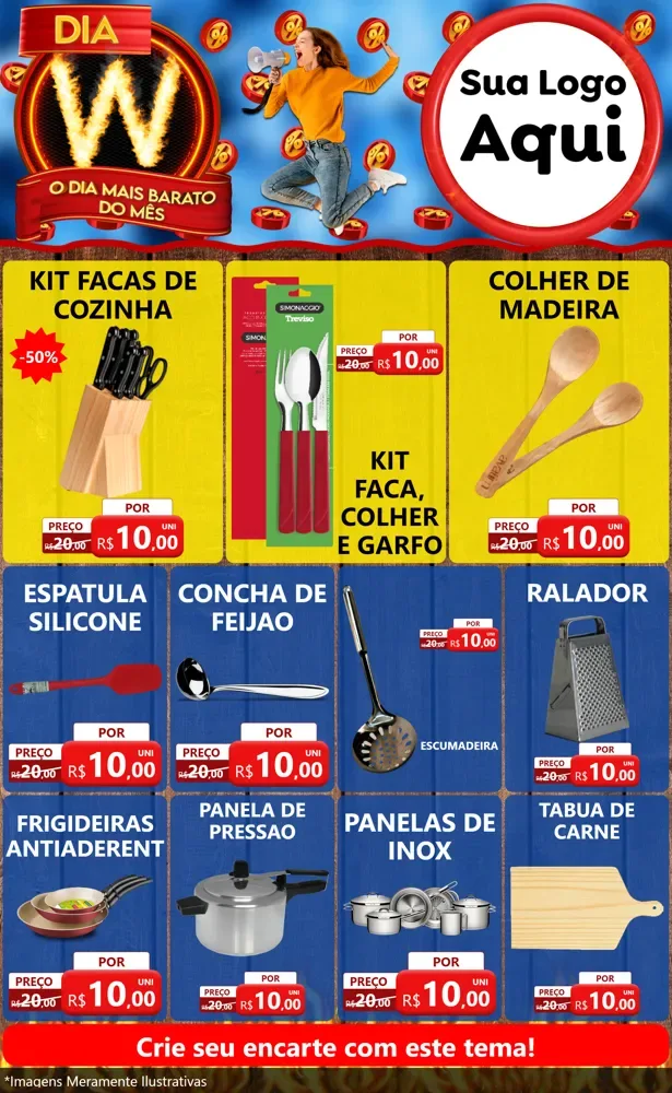 Modelo de Encarte para Encarte Grande com o tema Dia W - O Dia Mais Barato Do Mês para Utilidades Domésticas