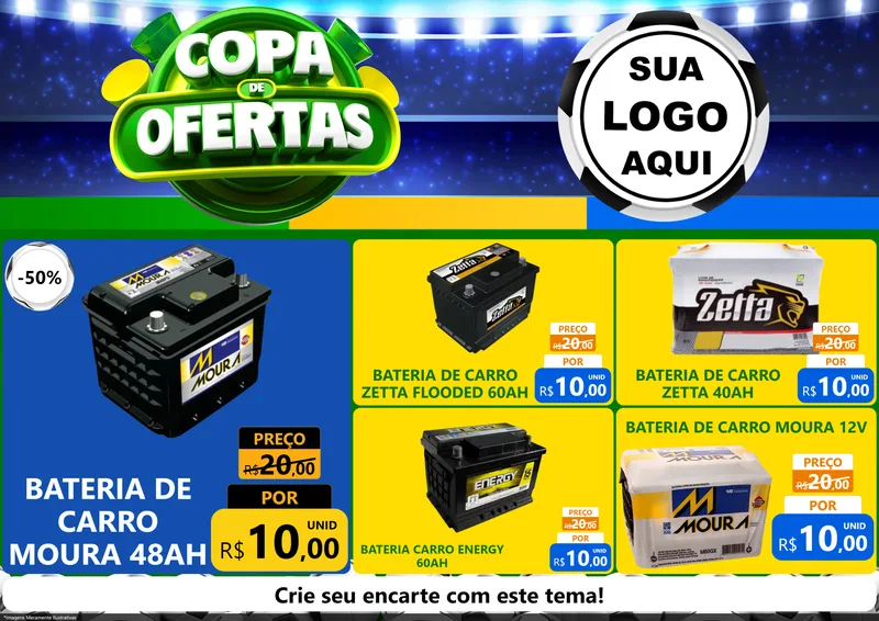 Modelo de Encarte para Encarte A4 Horizontal com o tema Copa de Ofertas para Baterias Elétricas