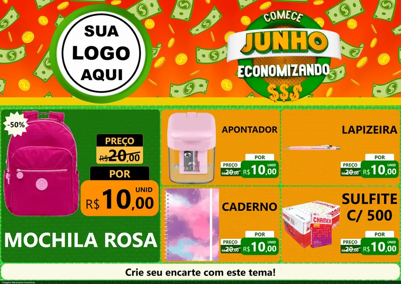 Modelo de Encarte para Encarte A4 Horizontal com o tema Comece Junho Economizando para Papelaria