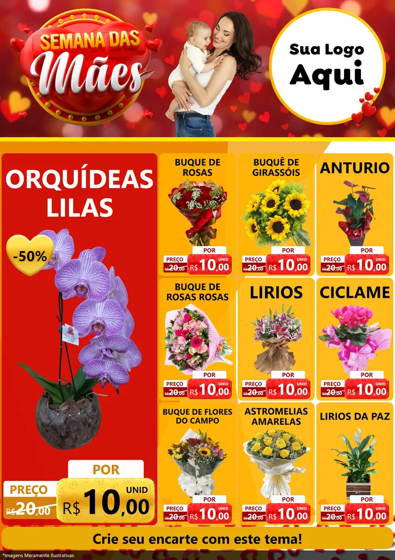 Modelo de Encarte para Encarte A4 Vertical com o tema Semana das Mães para Floricultura e jardim