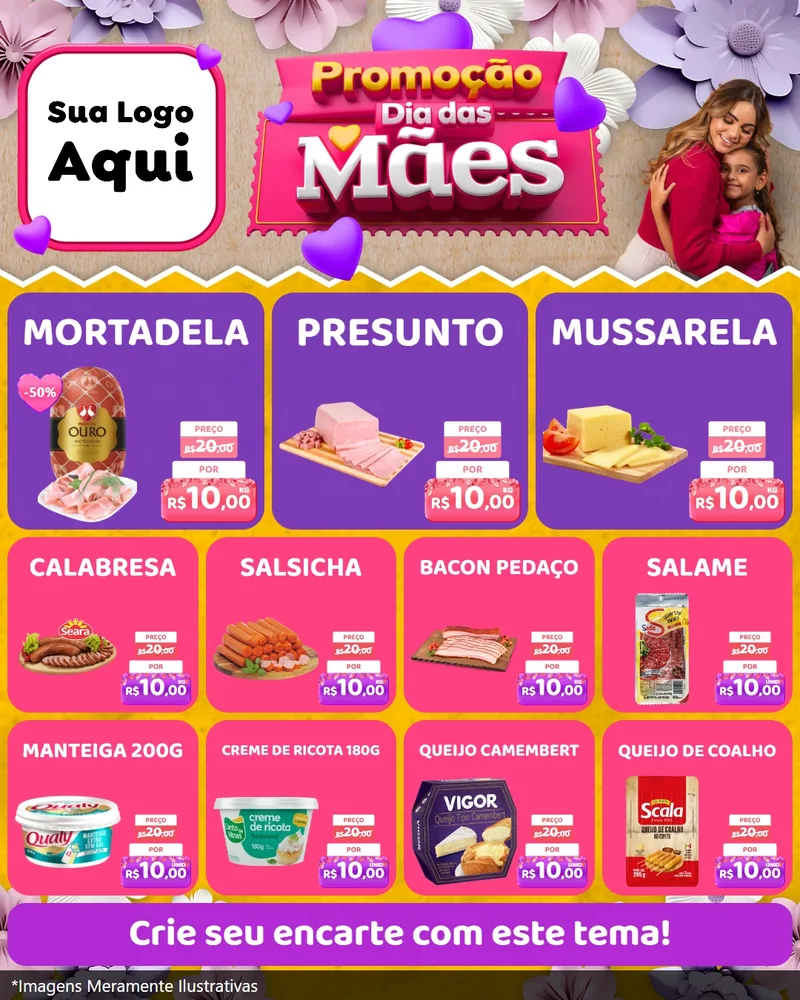Modelo de Rede Social para Feed Instagram com o tema Promoção Dia das Mães para Frios e Laticínios