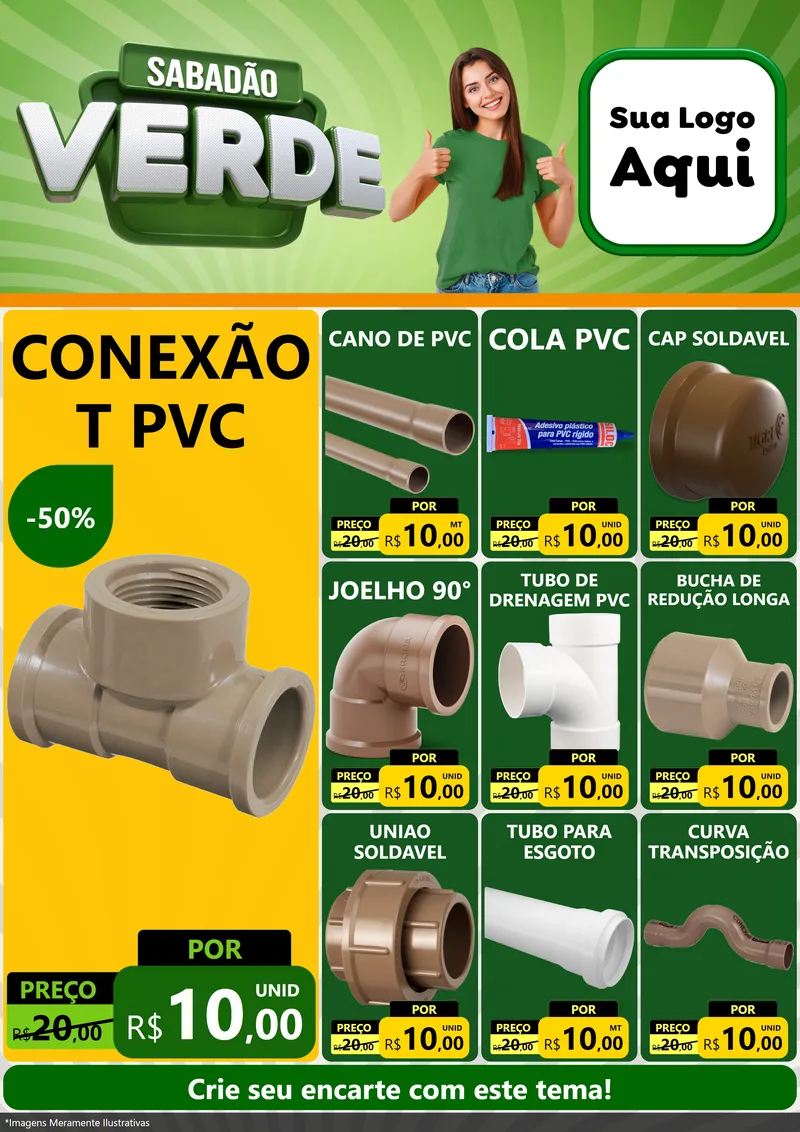 Modelo de Encarte para Encarte A4 Vertical com o tema Sabadão Verde para Tubos e conexões