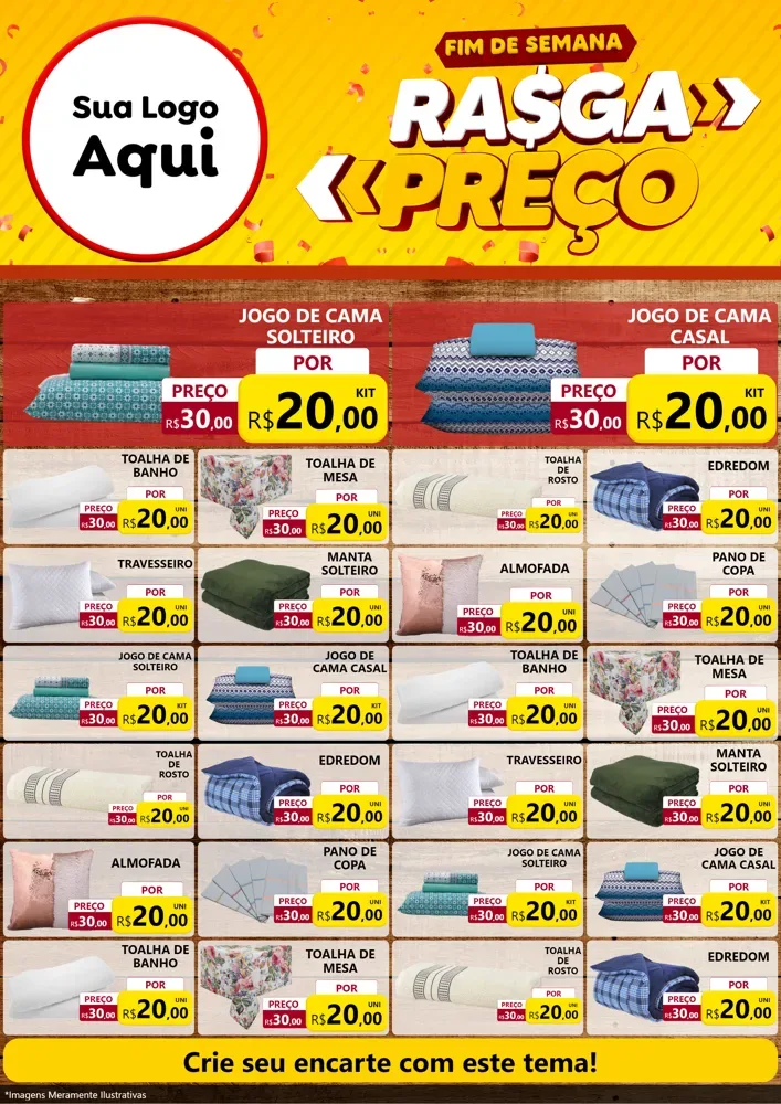 Modelo de Encarte para Encarte A4 Vertical com o tema Fim de Semana Rasga Preços para Cama, Mesa e Banho