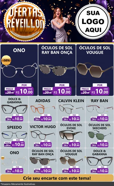 Modelo de Encarte para Encarte Grande com o tema Ofertas de Réveillon para Óticas