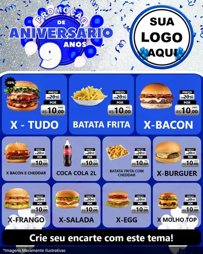 Modelo de Rede Social para Feed Instagram com o tema Promoção de Aniversário - 9 Anos para Hamburgueria