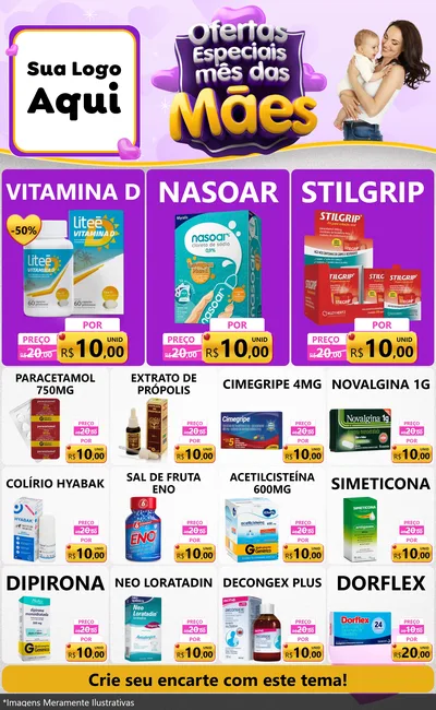 Modelo de Encarte para Encarte Grande com o tema Ofertas Especiais - Mês das Mães para Farmácia