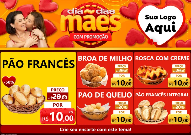 Modelo de Encarte para Encarte A4 Horizontal com o tema Dia das Mães com Promoção para Padaria
