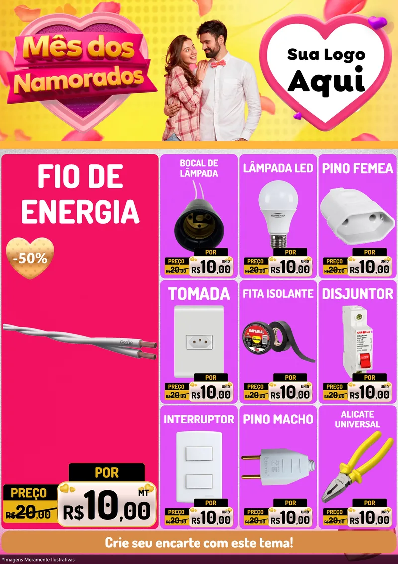 Modelo de Encarte para Encarte A4 Vertical com o tema Mês dos Namorados para Materiais Elétricos