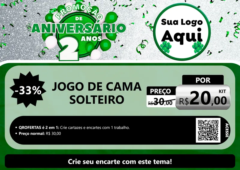 Modelo de Cartaz para Cartaz A4 Horizontal com o tema Promoção de Aniversário - 2 Anos para Cama, Mesa e Banho
