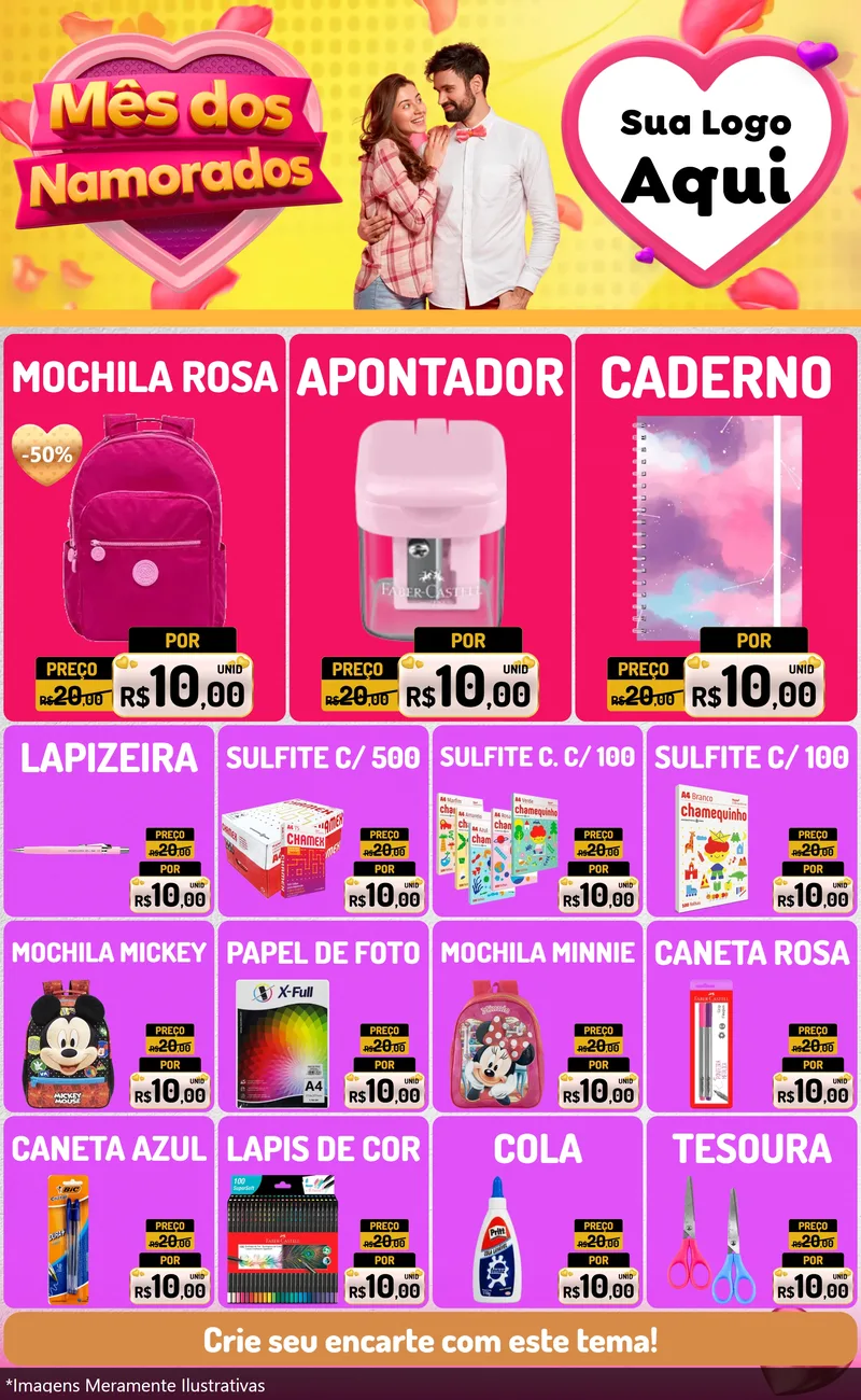 Modelo de Encarte para Encarte Grande com o tema Mês dos Namorados para Papelaria