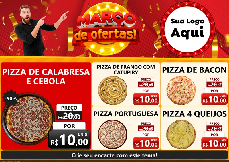 Modelo de Encarte para Encarte A4 Horizontal com o tema Março de Ofertas! para Pizzaria