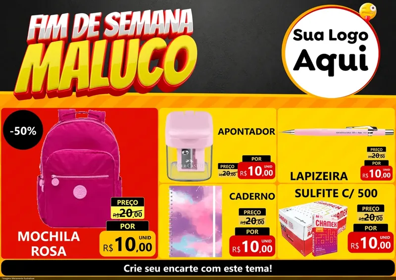 Modelo de Encarte para Encarte A4 Horizontal com o tema Final de Semana Maluco para Papelaria