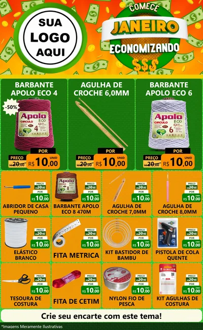 Modelo de Encarte para Encarte Grande com o tema Comece Janeiro Economizando para Armarinho e Aviamentos