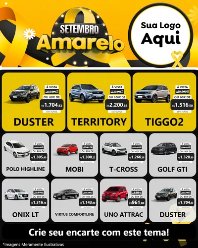 Modelo de Rede Social para Feed Instagram com o tema Setembro Amarelo para Concessionaria de Carros