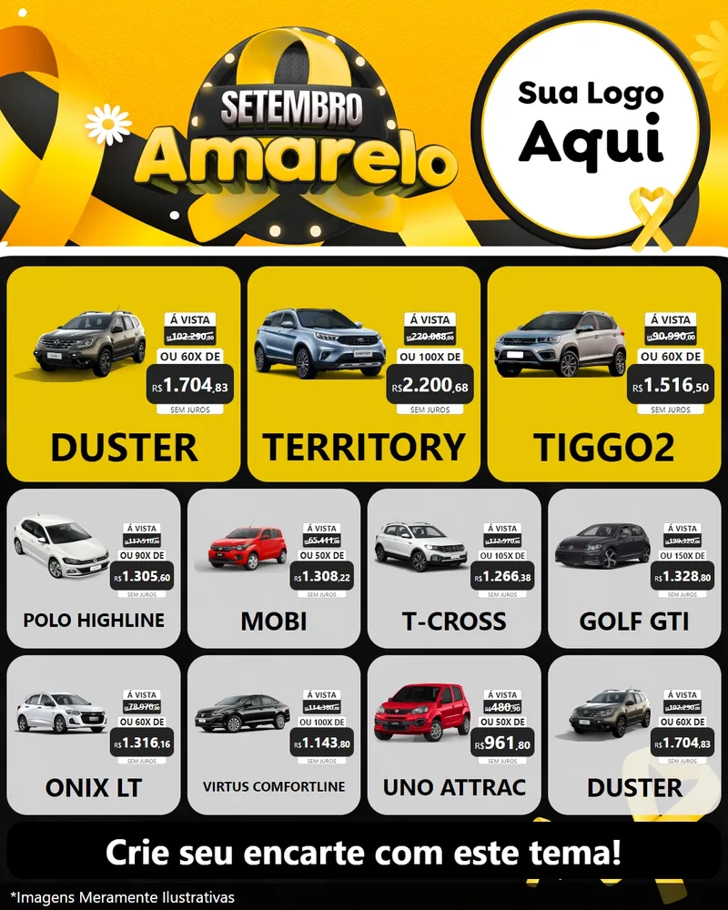 Modelo de Rede Social para Feed Instagram com o tema Setembro Amarelo para Concessionaria de Carros