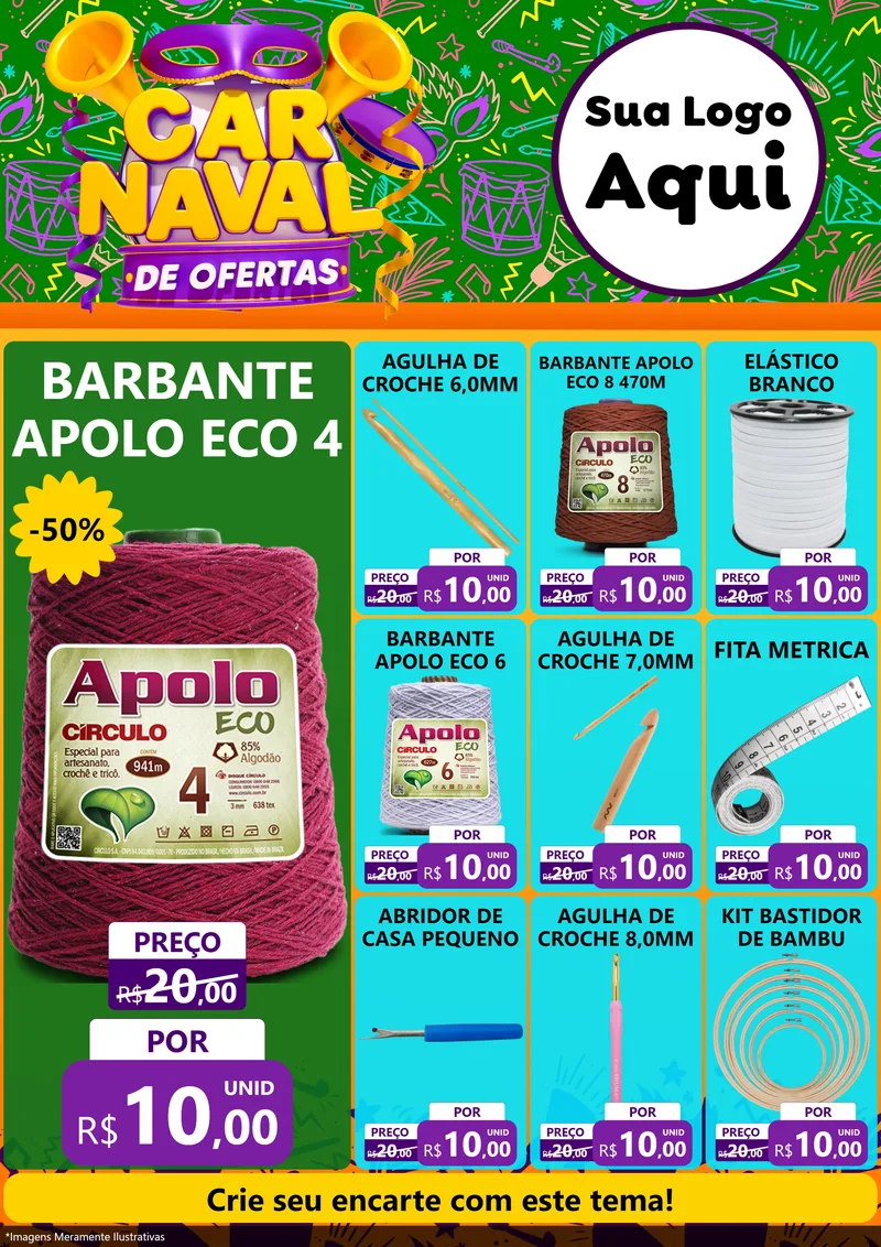 Modelo de Encarte para Encarte A4 Vertical com o tema Carnaval de Ofertas para Armarinho e Aviamentos