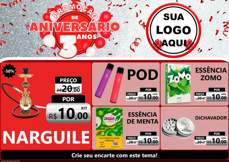 Modelo de Encarte para Encarte A4 Horizontal com o tema Promoção de Aniversário - 3 Anos para Tabacaria